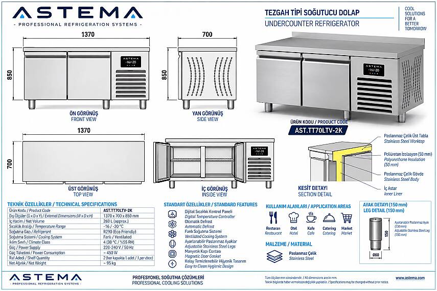 Astema Snack Tezgah Tipi 2 Kapılı Buzdolabı, -2/+8 - 2
